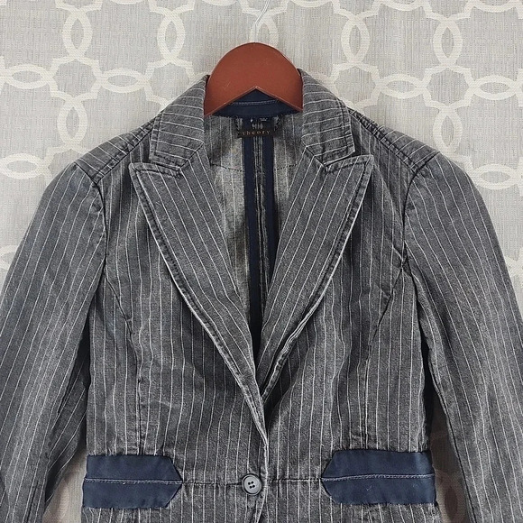 Theory Cotton Striped Button Women's Denim Blazer Pities XS 8016/1B - Picture 3 of 10